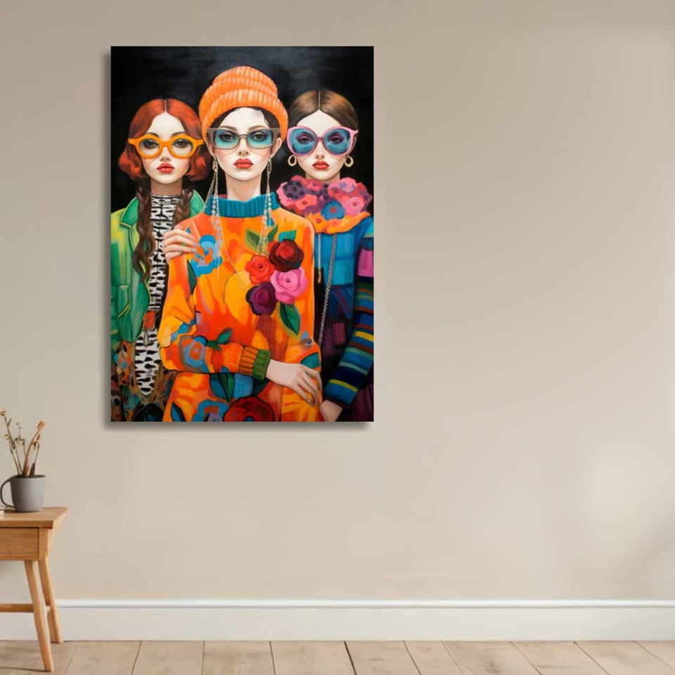 Schilderij Vrouwen Zonnebril Op Zwart Canvas 70x100cm