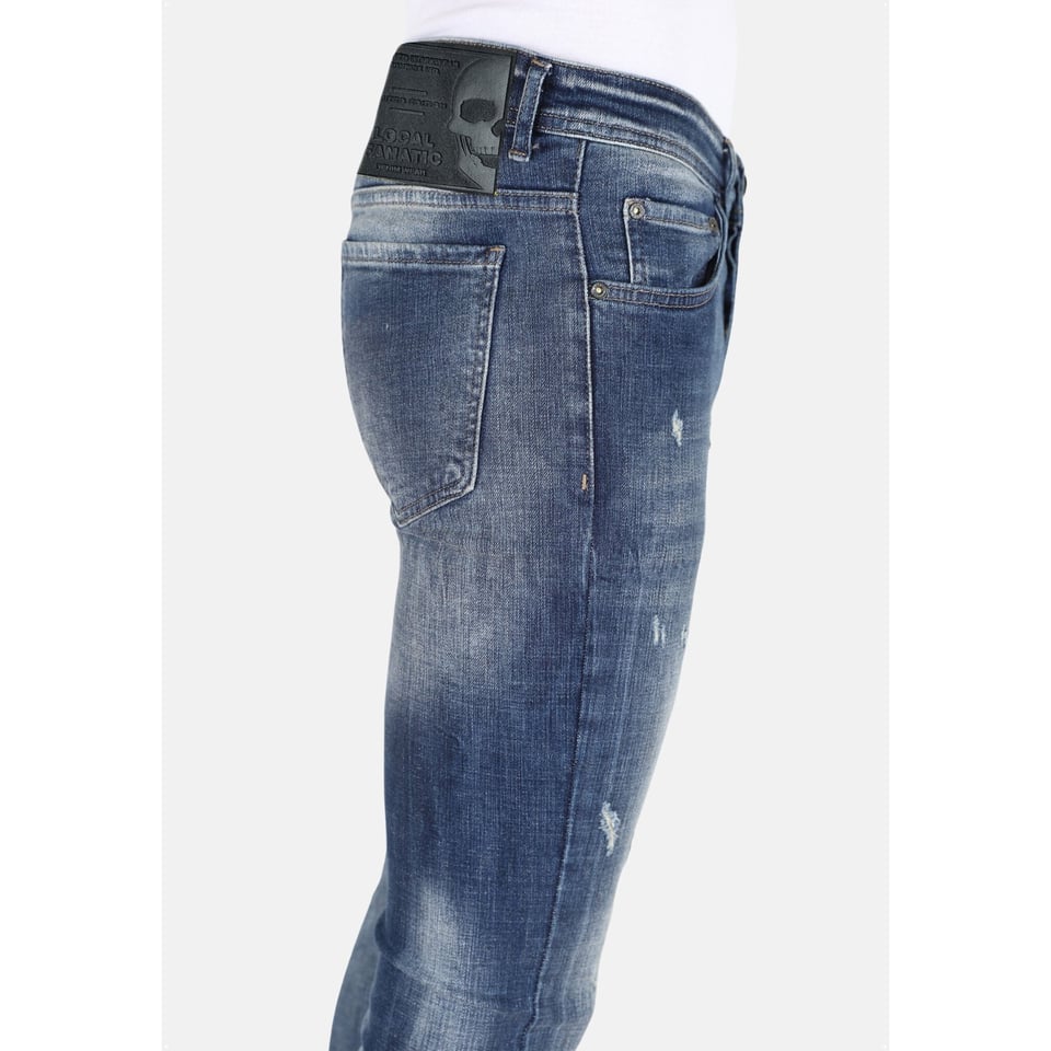 Stonewashed Slim Fit Mannen Spijkerbroek Met Scheuren -MM121- Blauw