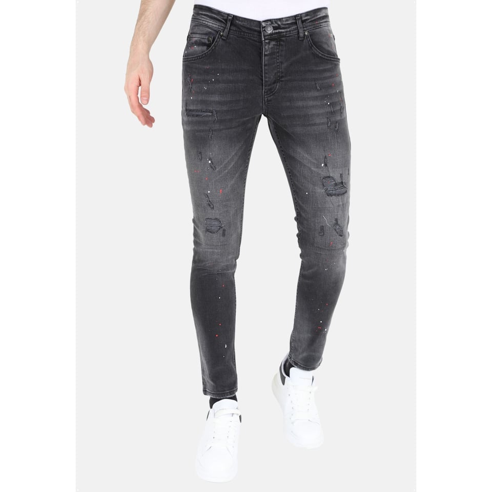 Heren Ripped Biker Jeans Met Verfspatten Slim-Fit -MM107- Zwart