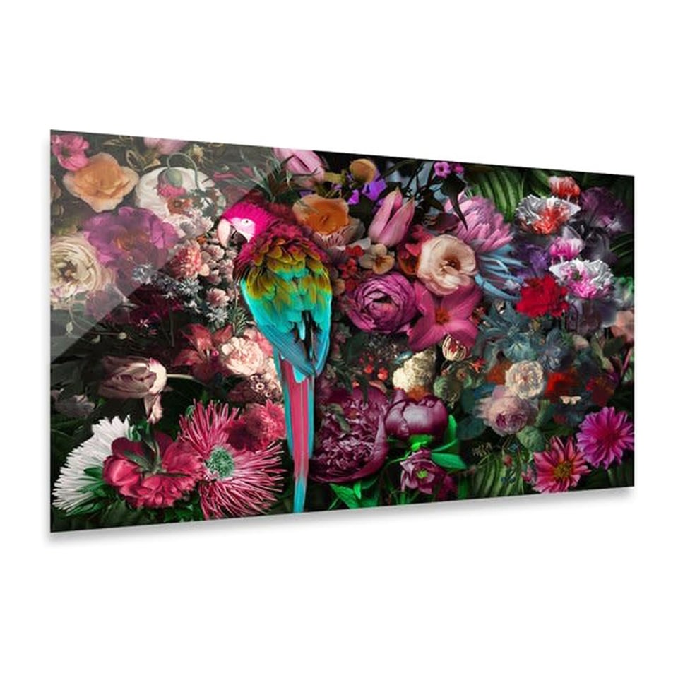 Glasschilderij Papegaai en Bloemen Multicolor 120x80cm