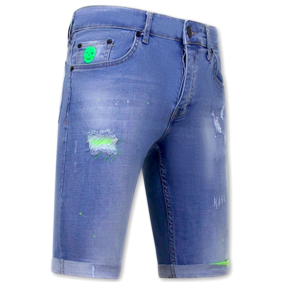 Skinny Korte Broek Heren Met Verfspatten -1027-SH- Blauw