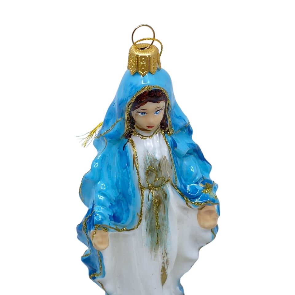 Kerst Ornament Maria Blauw-Wit Glas 16cm Met Hanger