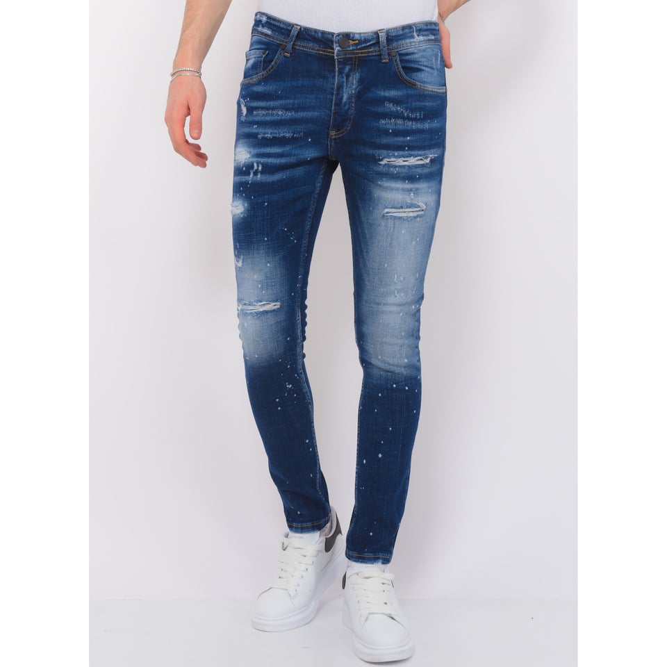 Stretch Denim with Paint Splash Heren - Slim Fit -1074- Blauw