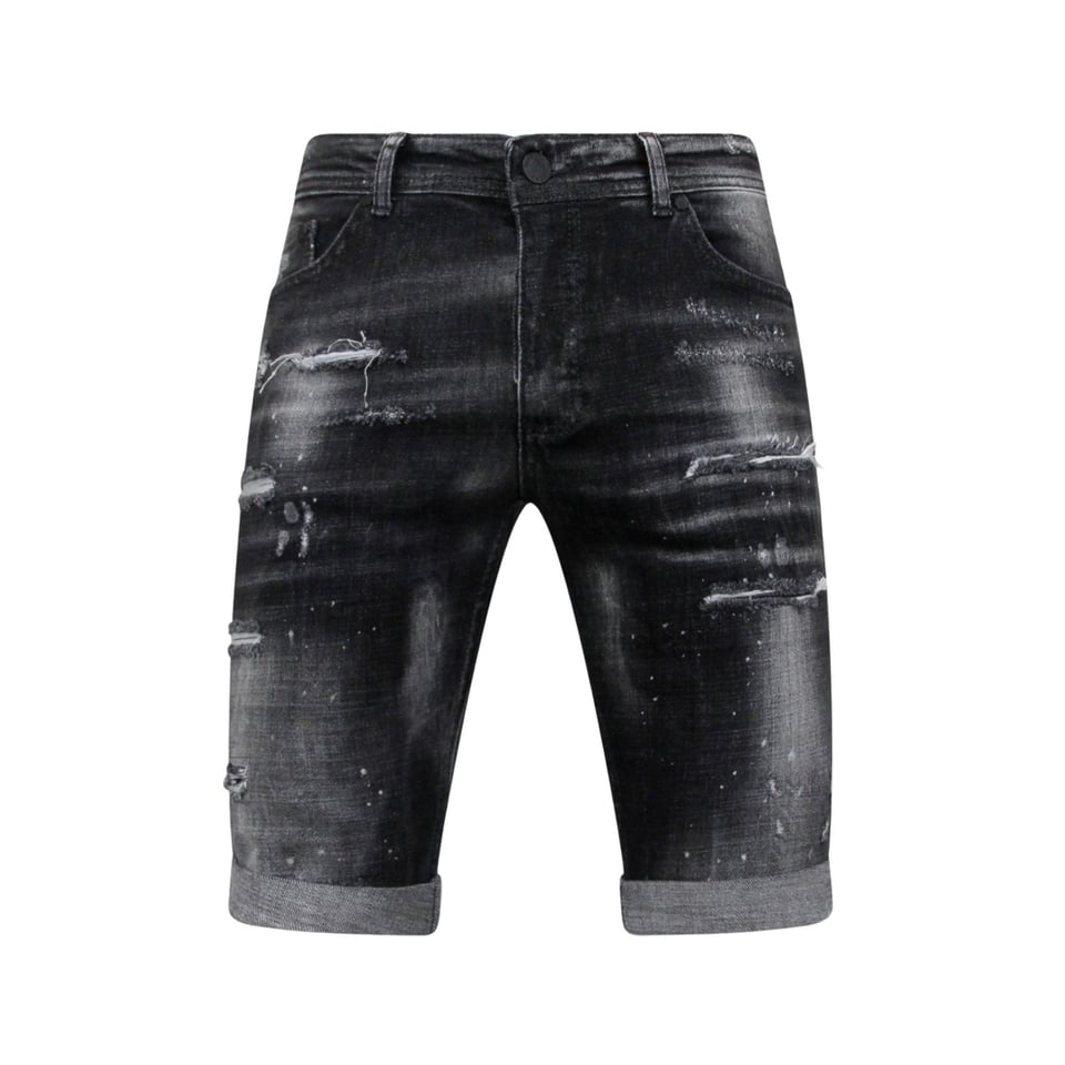 Paint Splatter Destroy Shorts Stonewash Heren - Slim Fit -1084- Zwart