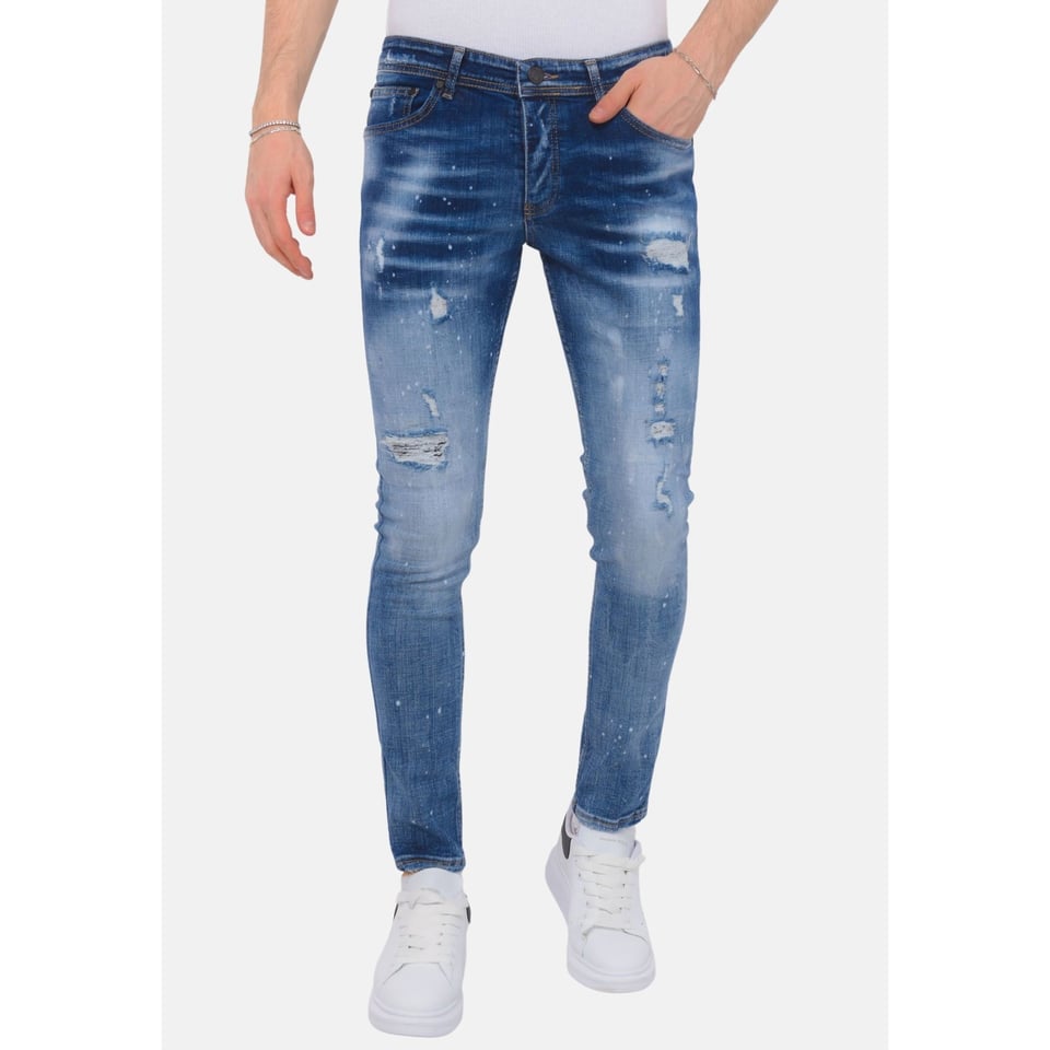 Paint Splatter Stonewashed Jeans Mens - Slim Fit -1079- Blauw