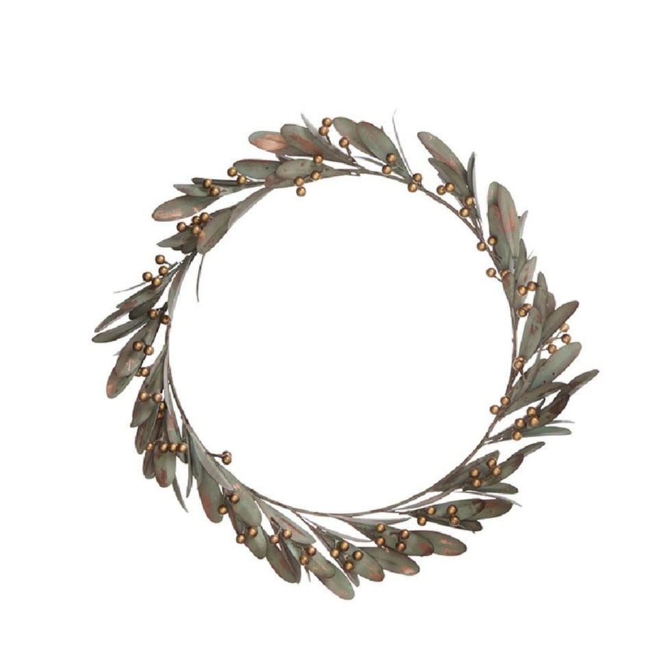 IN DE KLEUROPTAFEL KELDER Bungalow Decoratieve Groenmetalen Krans Met Gouden Besjes Ming Ø46 Cm