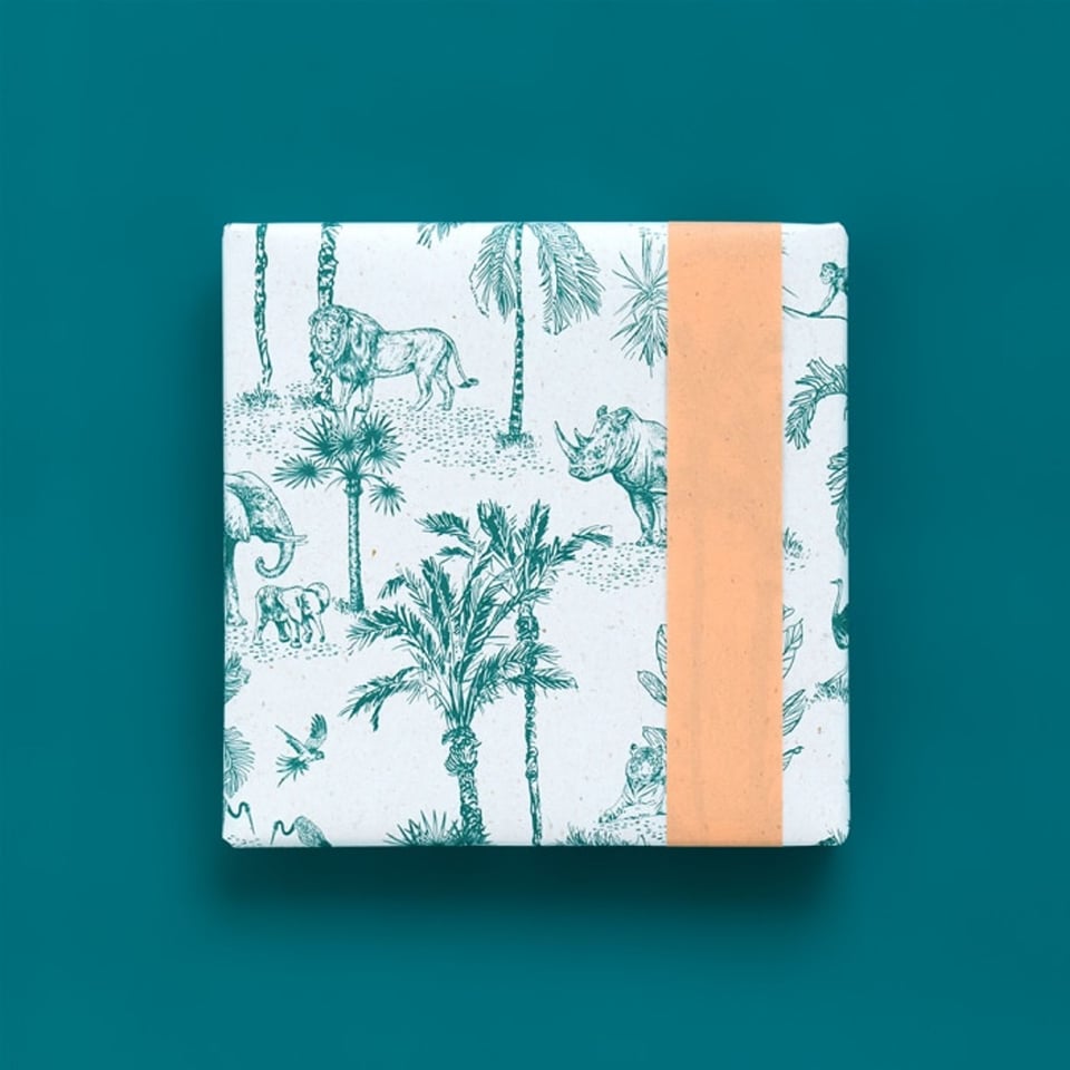 Rol Inpakpapier Vintage Jungle Jade Blue - Peach