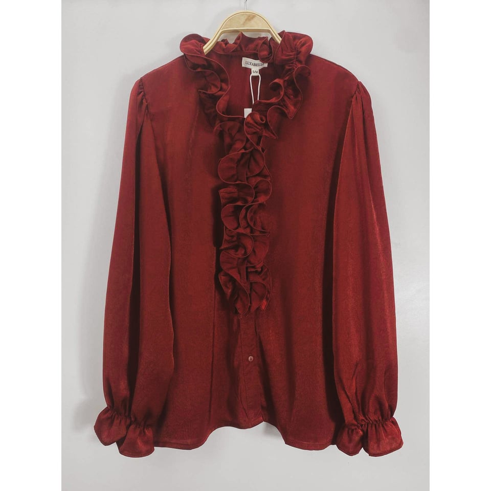 Elegante Wine Red Ruffle Blouse