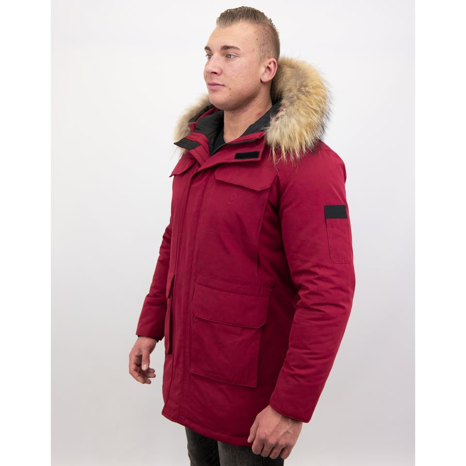 Parka Heren Winterjas Met Grote Echte Bontkraag Rood