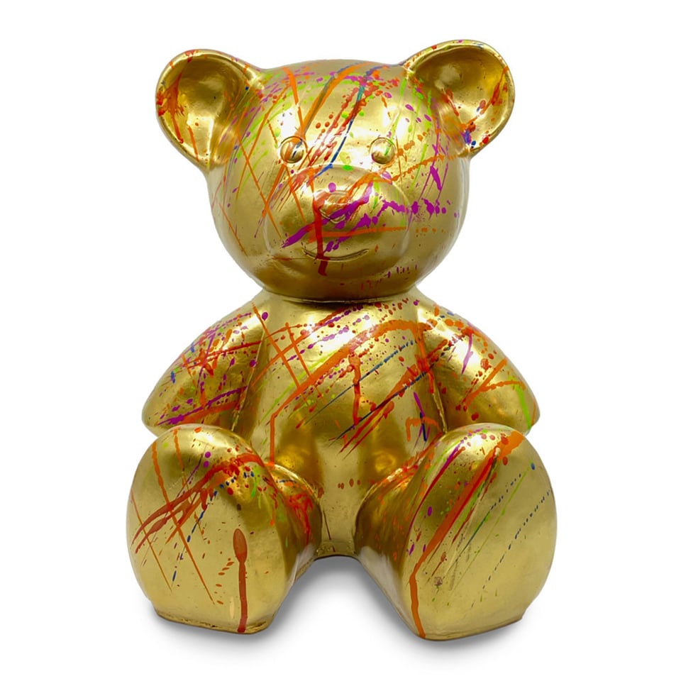 Beeld Design Teddy Beer Zittend Goud Splash Multicolor 30x32cm