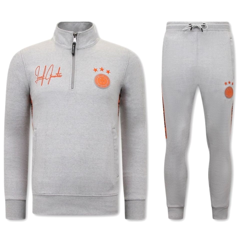 Heren Joggingspak - Half Zipper, Double Ribbon - Grijs / Oranje