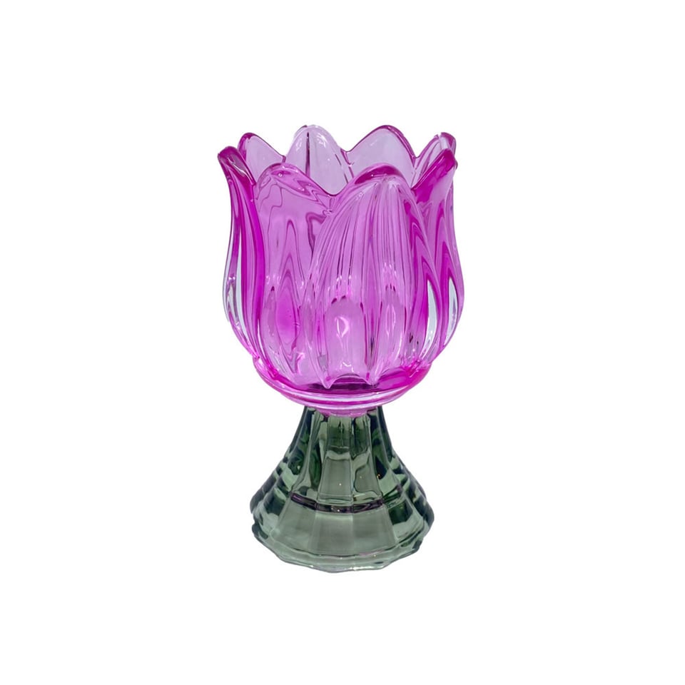 Kandelaar-Waxinehouder Tulp Fuchsia-Groen Glas 7x12cm