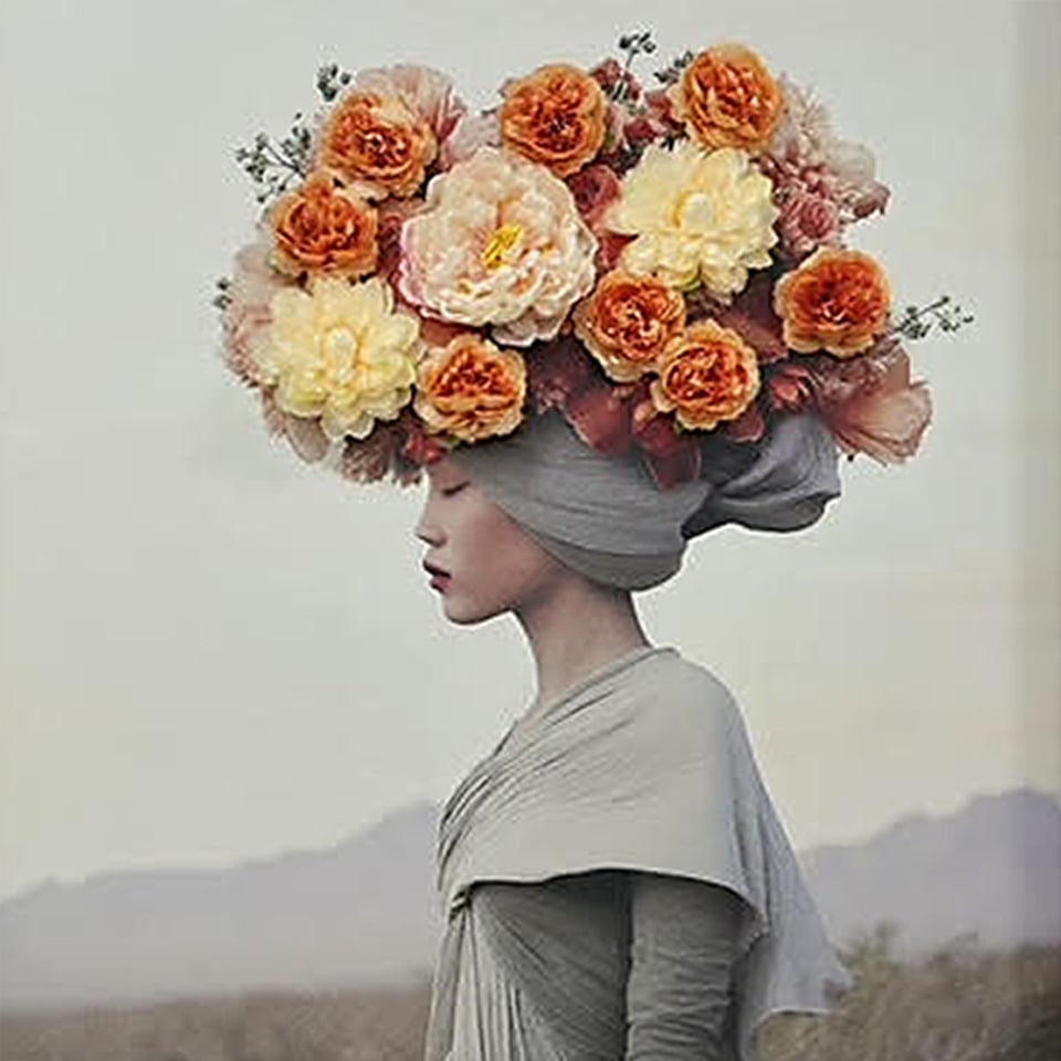 Schilderij Vrouw in Grijs Met 3-D Bloemen 83x123cm Ingelijst