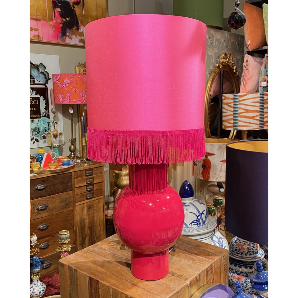 Lampenkap Fel Roze Zijde Op Panter 30x25cm Fuchsia Franje