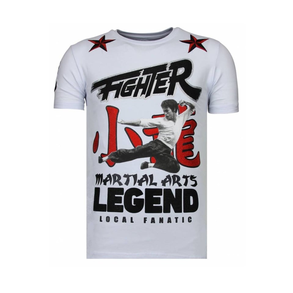 Fighter - Bruce Lee T-Shirt Rhinestones - Wit