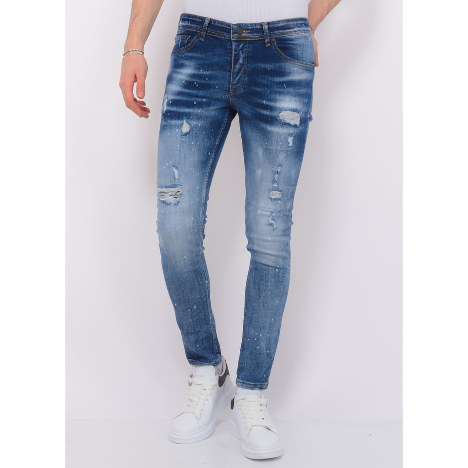 Paint Splatter Stonewashed Jeans Mens - Slim Fit -1079- Blauw