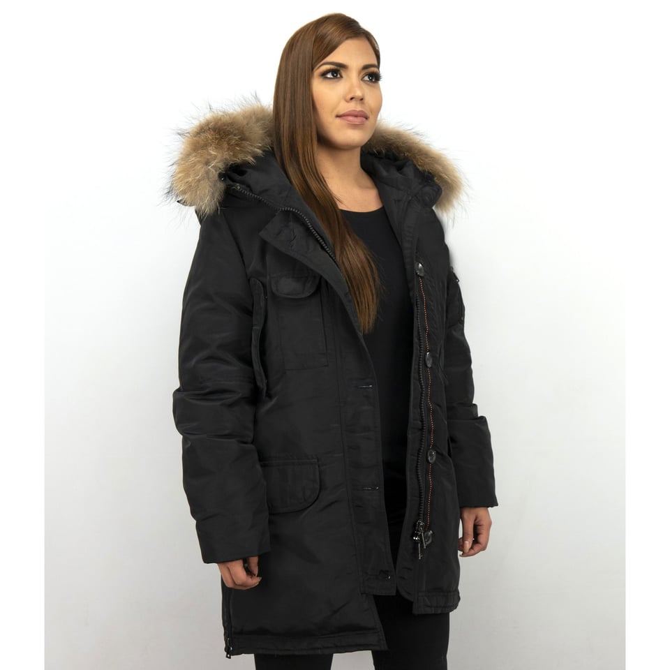 Lange Parka Winterjas Dames Met Bontkraag Zwart