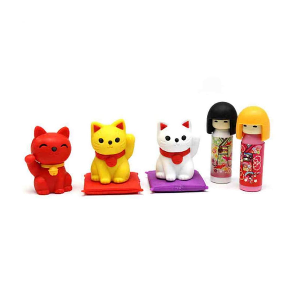 Iwako Puzzle Eraser Kokeshi & Lucky Cat Set 3+