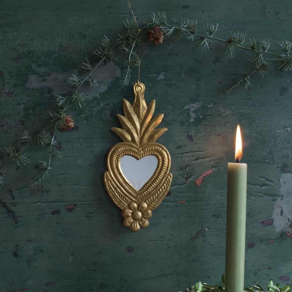 Spiegeltje Mini Hart Met Lotus Bloem Antiek Goud 9x18cm