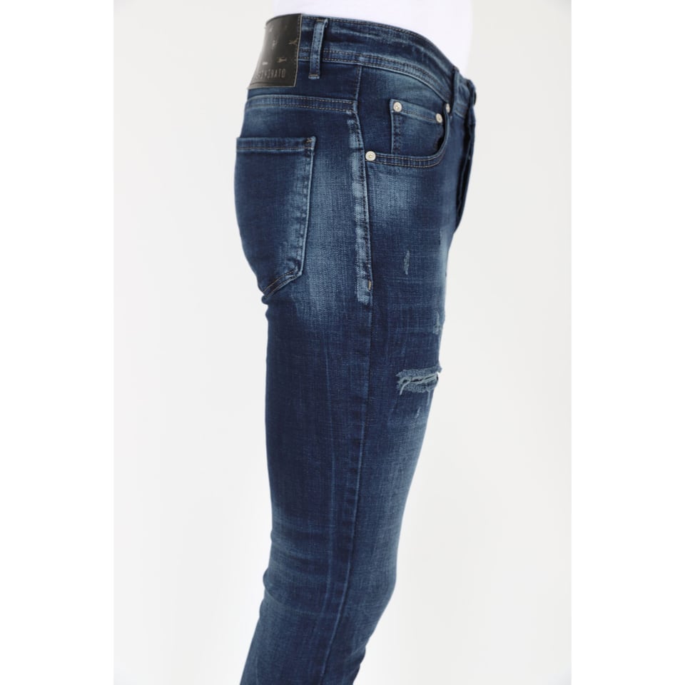 Donkerblauwe Stonewash Jeans Met Gaten Strech -MM120