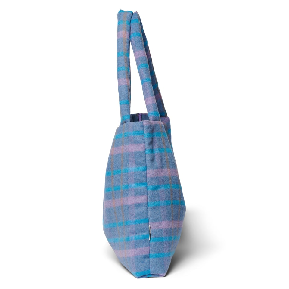 Sky Blue Wool Checked Mom Bag - No Embroidery / Sky Blue
