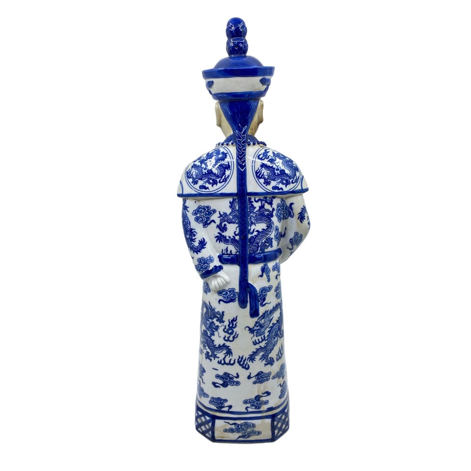 Beeld Chinese Keizer Zoon Staand Blauw Wit 12x45cm - Kleur: Porselein - Maat: H45cm