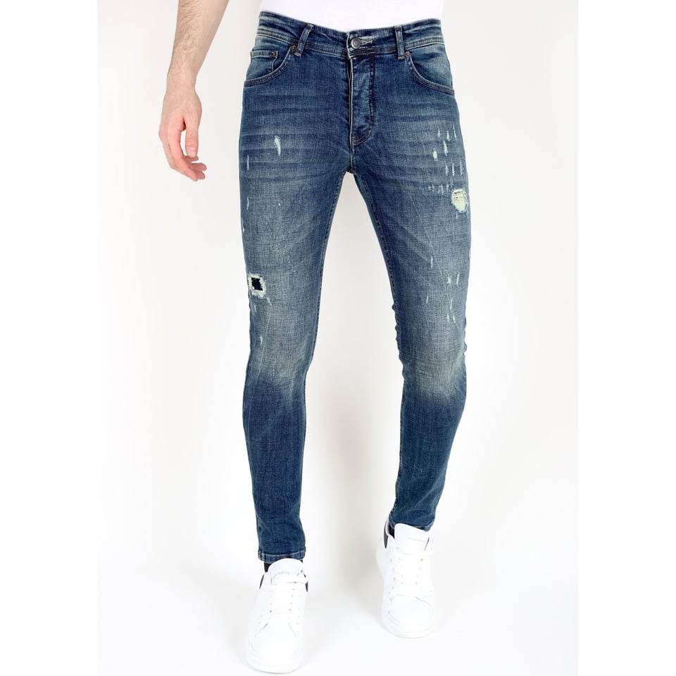 Blauwe Slim Fit Jeans Met Scheuren Heren -MM118- Blauw