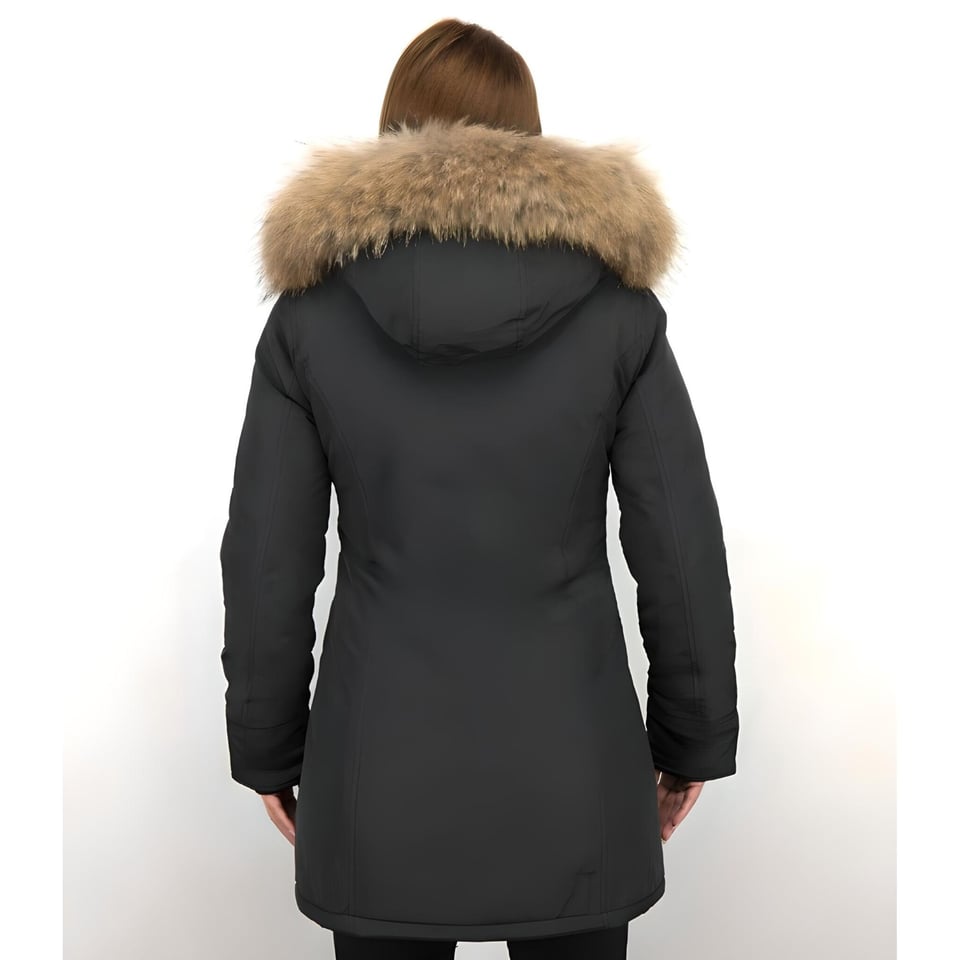 Bontjassen - Dames Winterjas Wooly Lang - Bontkraag - Parka Steekzakken - Zwart