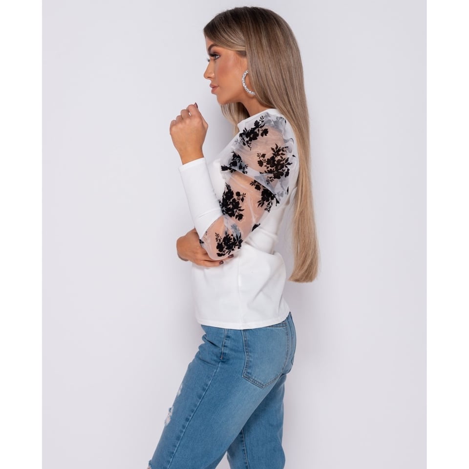 Floral Flock Print Puffed Sleeve High Neck Tops - Dames - Wit