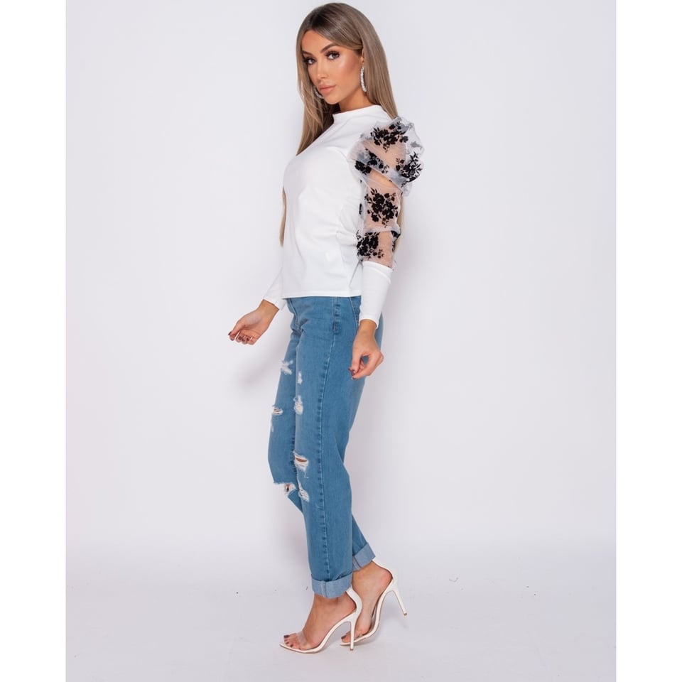 Floral Flock Print Puffed Sleeve High Neck Tops - Dames - Wit