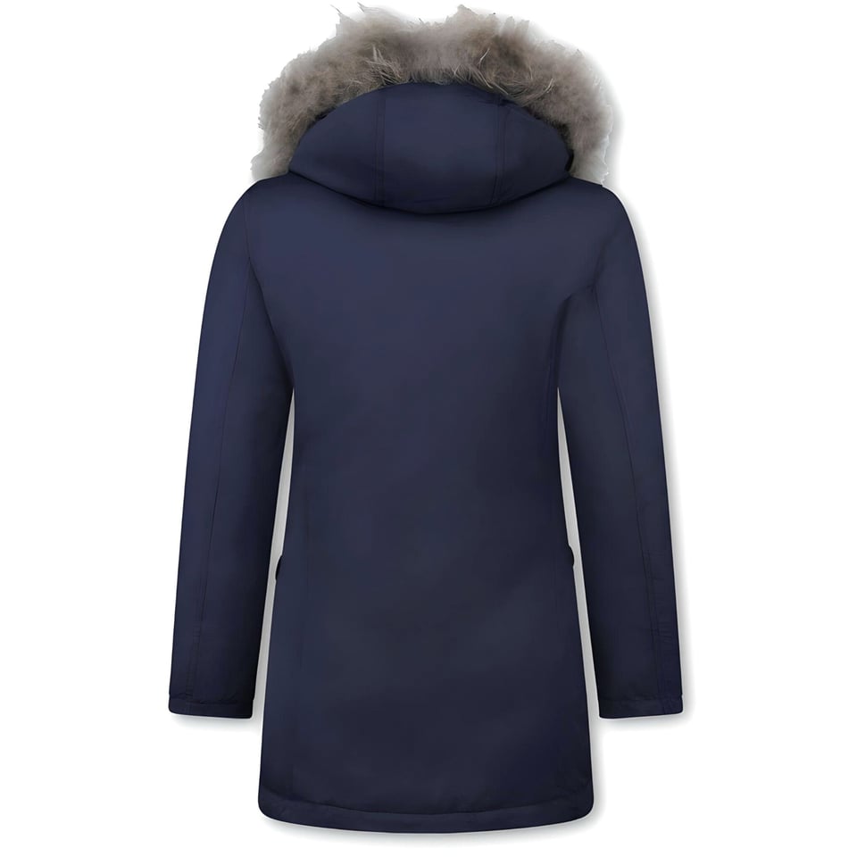 Bontjassen - Dames Winterjas Wooly Lang - Bontkraag - Parka Steekzakken - Blauw