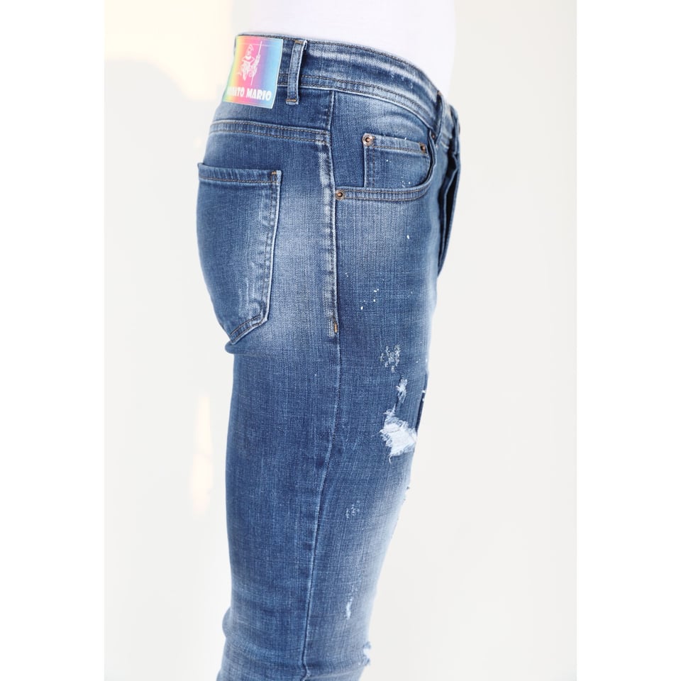 Slim Fit Spijkerbroek Heren Met Verfspatten -MM108 - Blauw