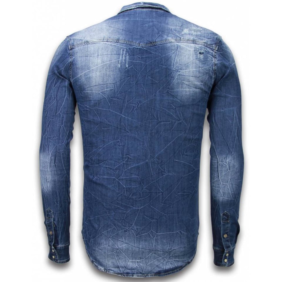 Denim Shirt - SpijkerBlouse Slim Fit Long Sleeve - Vintage Look - Blauw