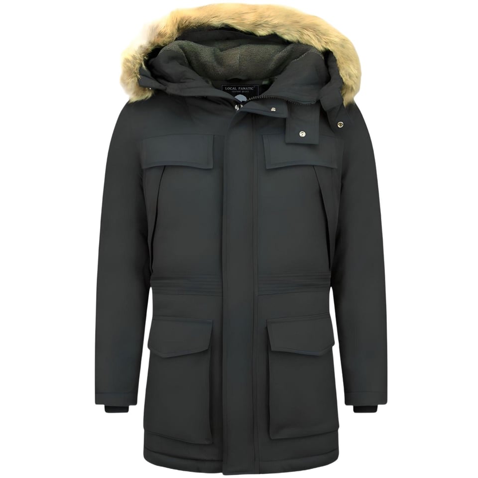 Lange Heren Parka Jas Met Bontkraag - Zwart