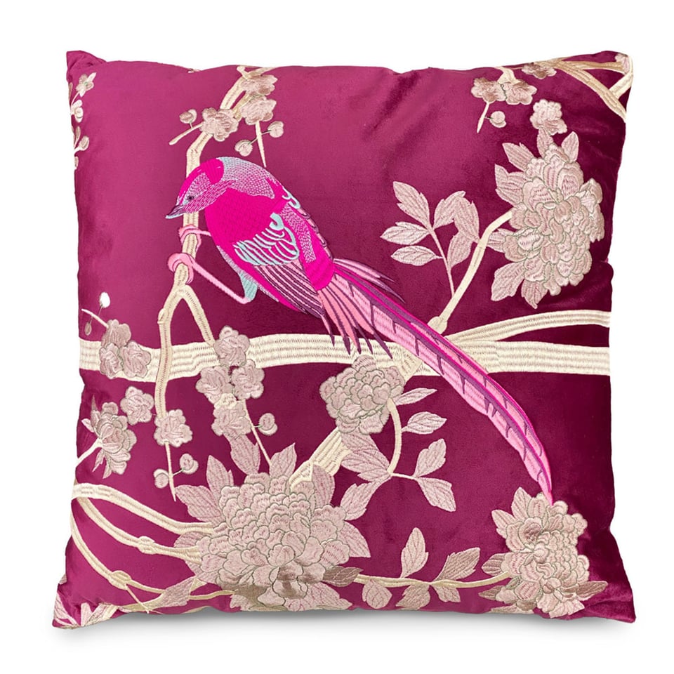 Sierkussen Bird Goud Bordeaux Velours 50x50cm Geborduurd