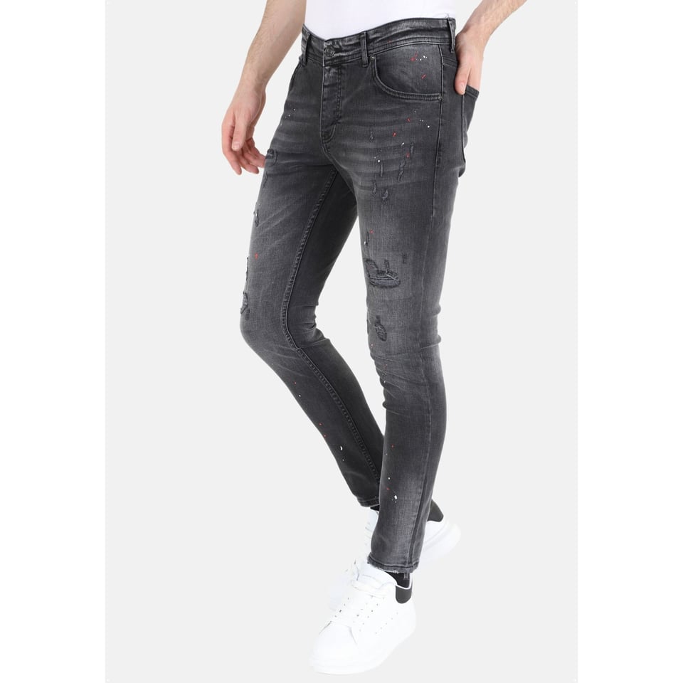 Heren Ripped Biker Jeans Met Verfspatten Slim-Fit -MM107- Zwart