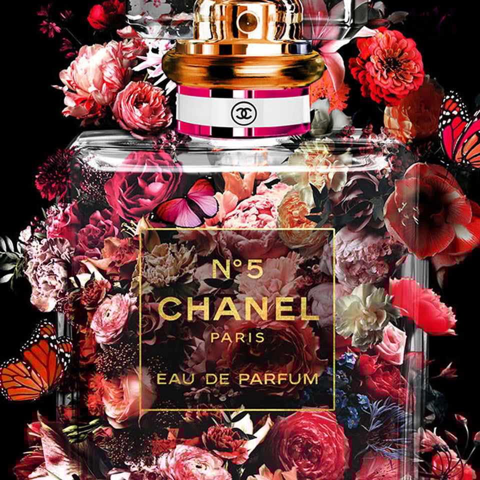 Glasschilderij Chanel Nr5 Rode Bloemen 60x80cm Goudfolie