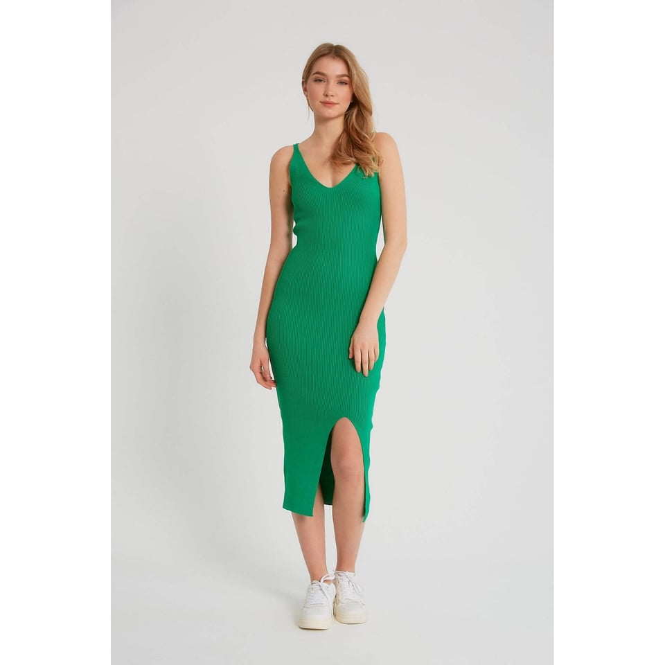 Dames Elastische Ribstof Jurk - T93513 - Groen - Maat: One Size