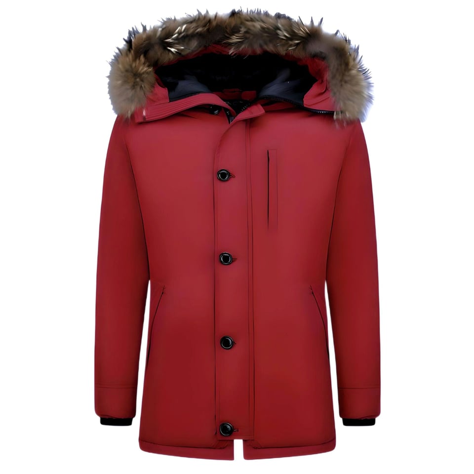 Bontjassen - Heren Winterjas Lang - Grote Bontkraag - Parka - Rood