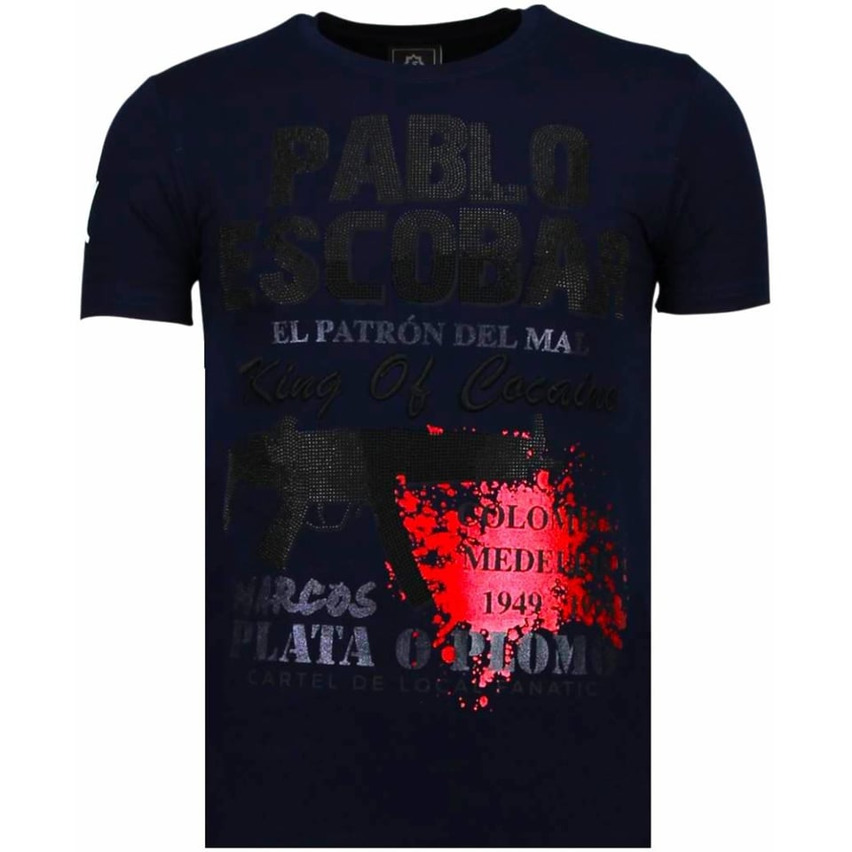 Pablo Escobar Narcos - Rhinestone T-Shirt - Zwart/Navy