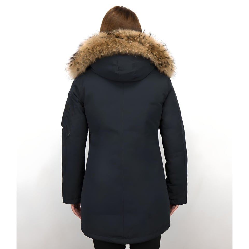 Lange Parka Jas Dames Met Bontkraag Blauw