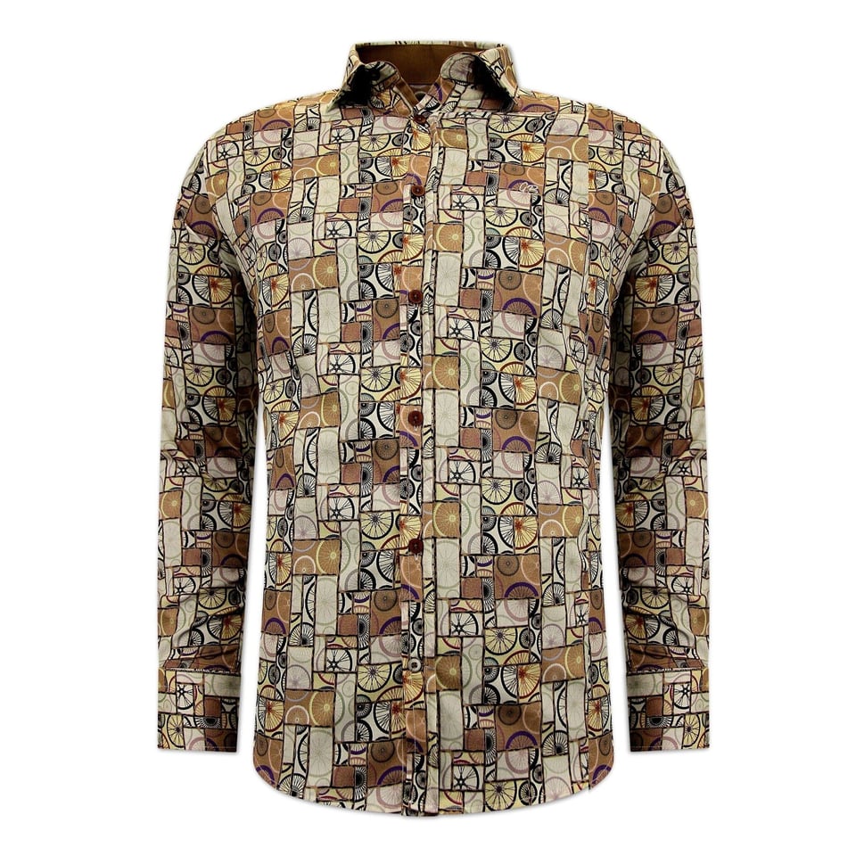 Luxe Heren Overhemd Met Fietsen Print - Slim Fit -3107 - Bruin