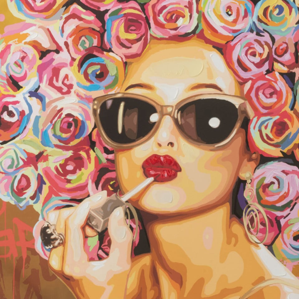 Schilderij Graffiti Vrouw Met Bloemen Canvas 100x100cm Ingelijst
