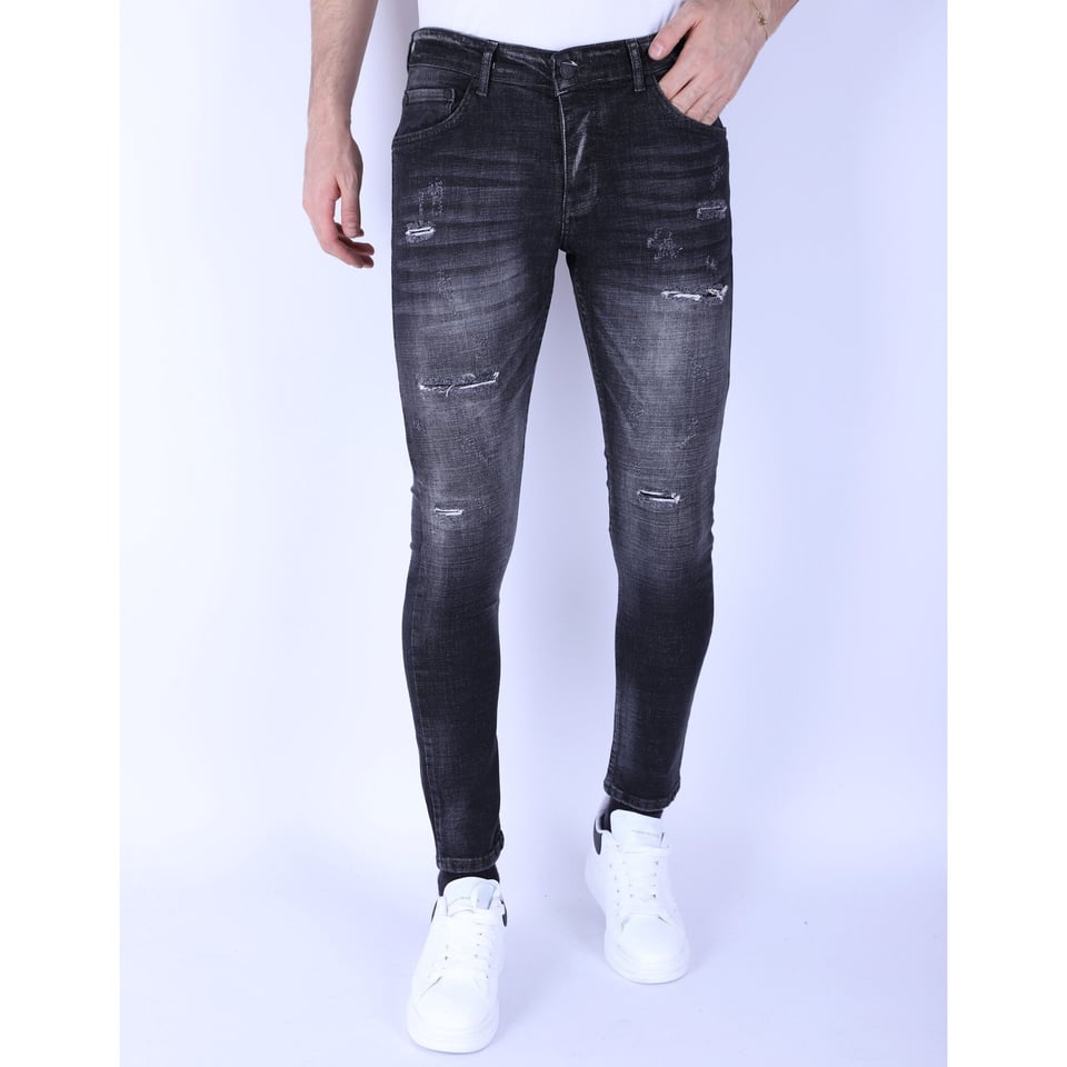 Stonewash Mannen Jeans Slim Fit Met Scheuren - 1096 - Grijs