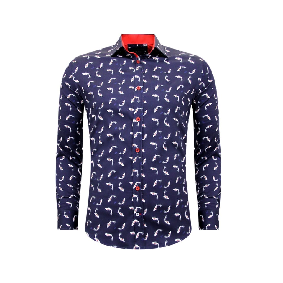 Luxe Heren Overhemd Met Goudvis Print - Slim Fit -3101 - Navy