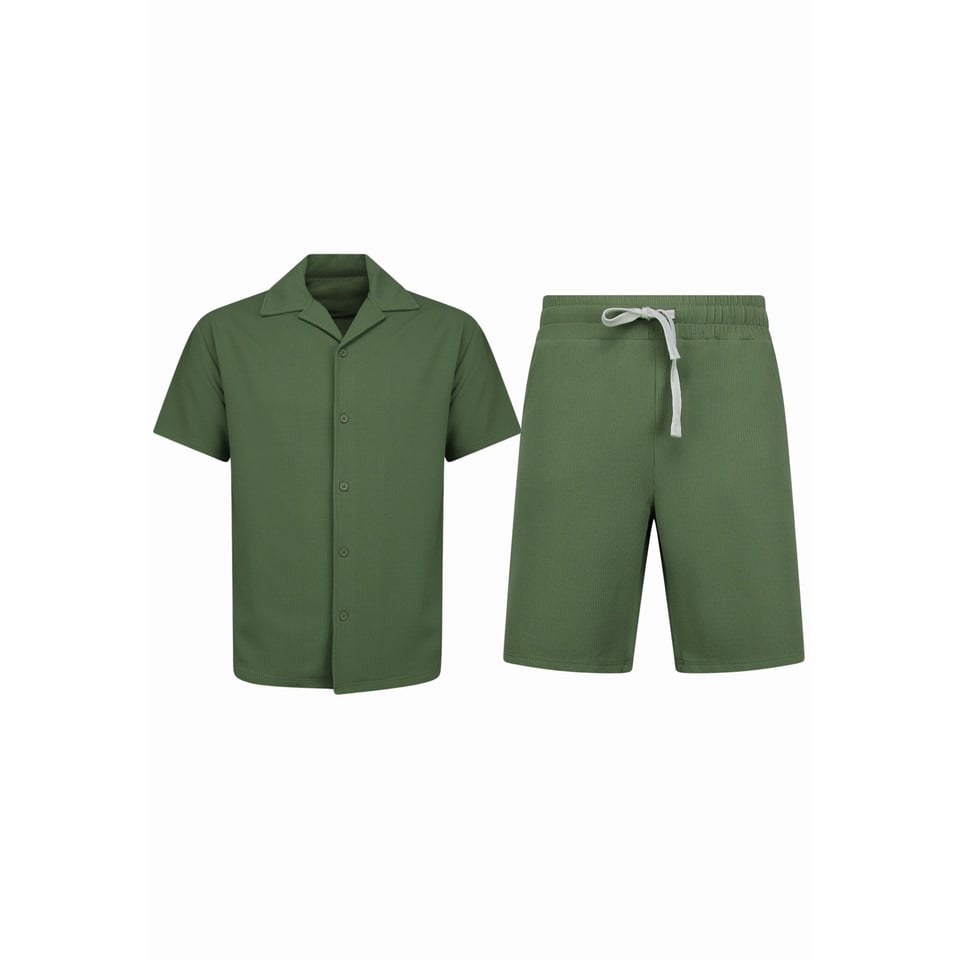 Twinset - Ribbed Oversized Shirt - Zomerset Heren - Two Piece Setje - Co Ord Set - F-915 - Groen