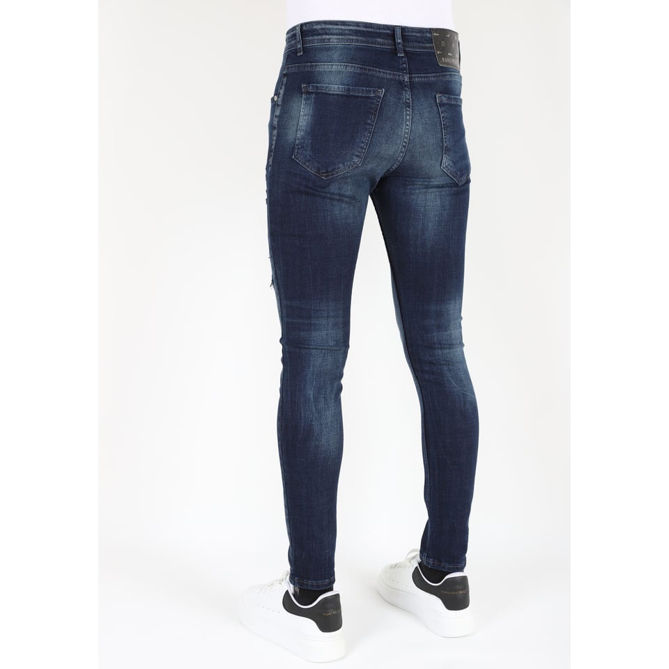 Donkerblauwe Stonewash Jeans Met Gaten Strech -MM120