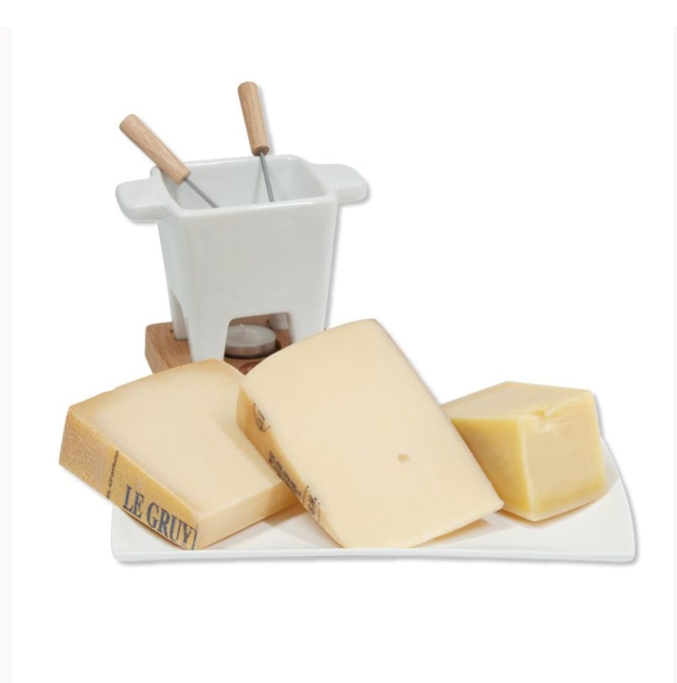 Kaasfondue (geraspte kaas): 200 gram Gruyere, 200 gram Emmentaler, 100 gram Appenzeller