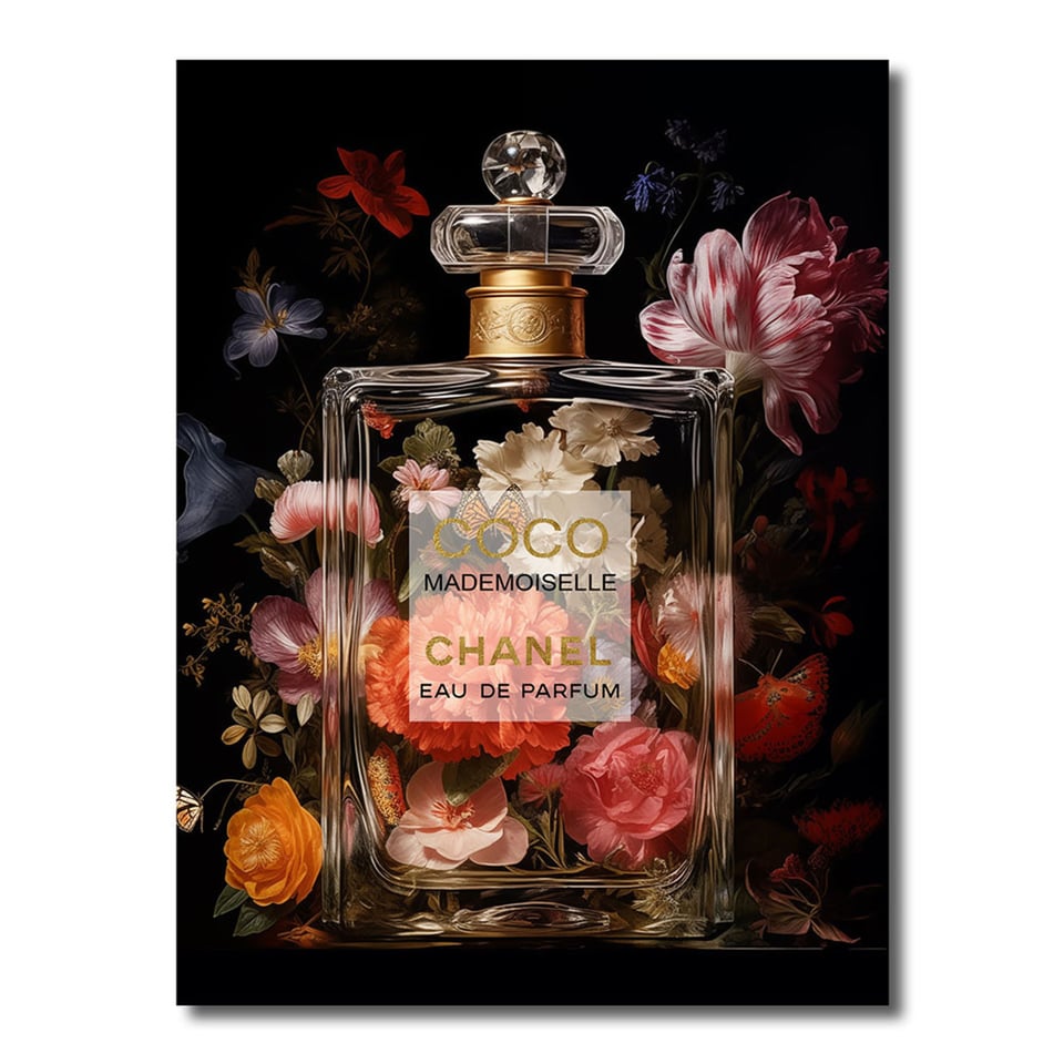 Glasschilderij Chanel Mademoiselle Flowers Multicolor 60x80cm