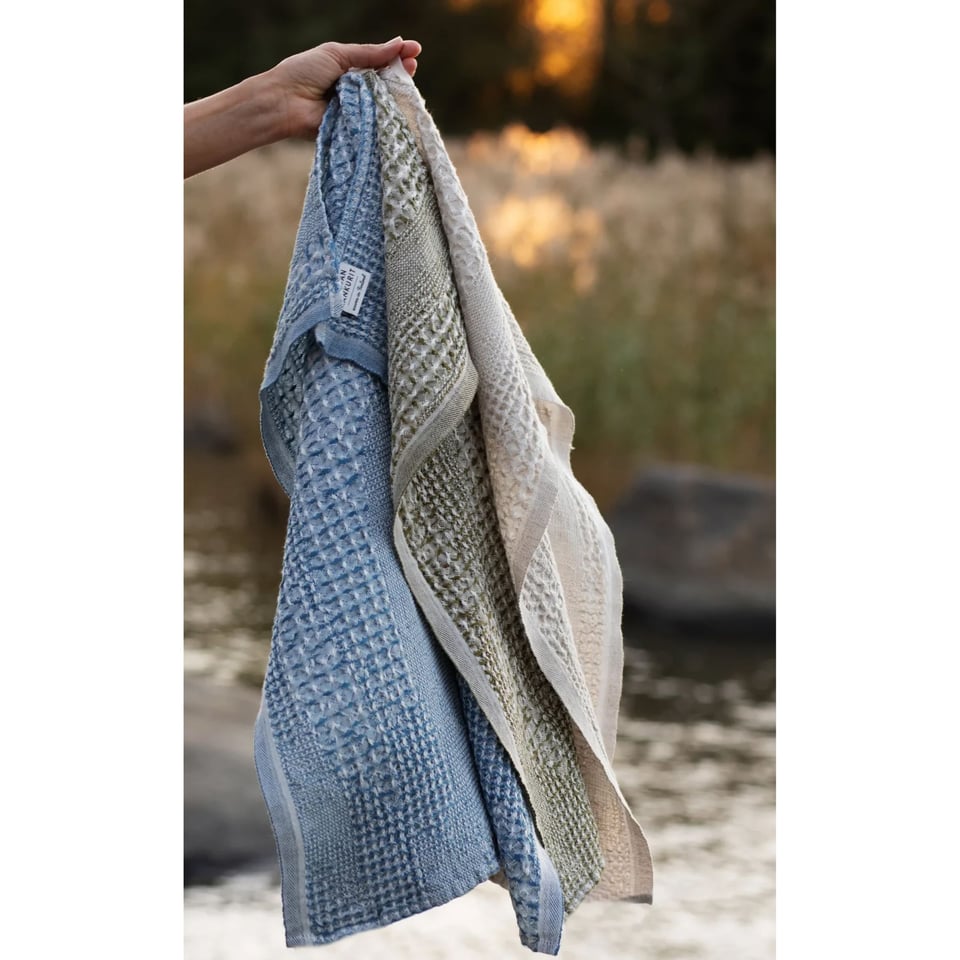 Kuohu Handdoek, Linnen-Tencel-Katoen, Wit-Helderblauw